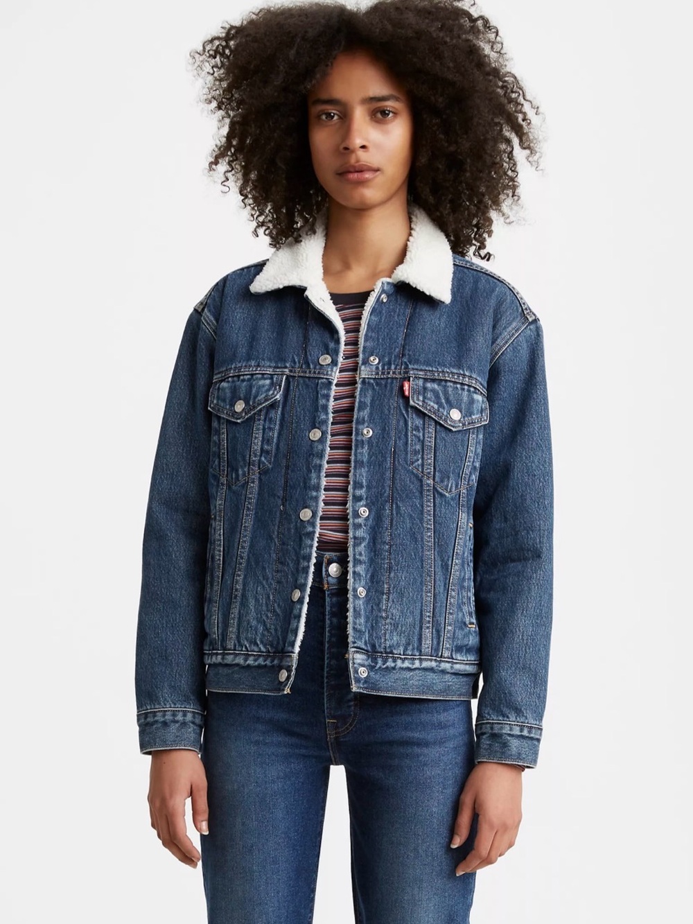 Levi's Women’s Blue Denim Ex-Boyfriend Sherpa Trucker Jacket S lined warm Jean